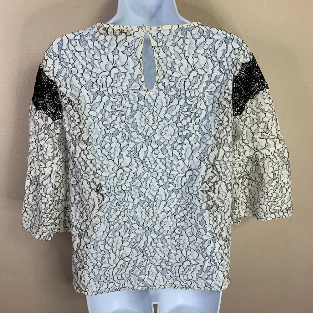 Small Ann Taylor LOFT White Lace Blouse Bell Sleeve 4 6 Peasant Semi Sheer